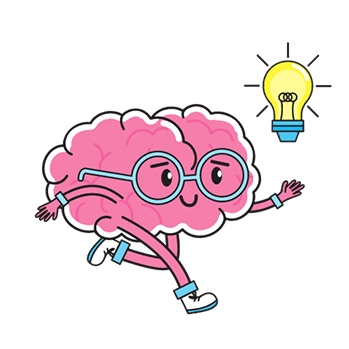 Brain character with glasses and lightbulb